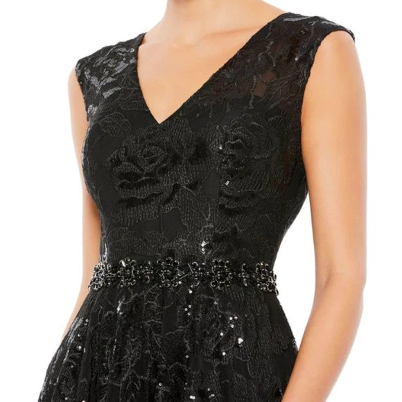 MAC DUGGAL12413 EMBROIDERED EMBELLISHED WAIST CAP SLEEVE A-LINE BLACK GOWN sz 12 - Picture 3 of 7